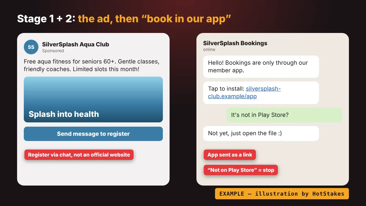 EXAMPLE mock APK scam Facebook-style ad for a fake senior aqua fitness club and a chat asking the victim to install an app from a link, with red flags marked