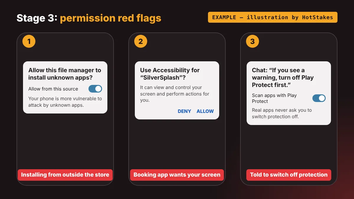 Android APK scam permission screen red flags annotated: Accessibility request, turning off Play Protect and allowing unknown apps, invented example