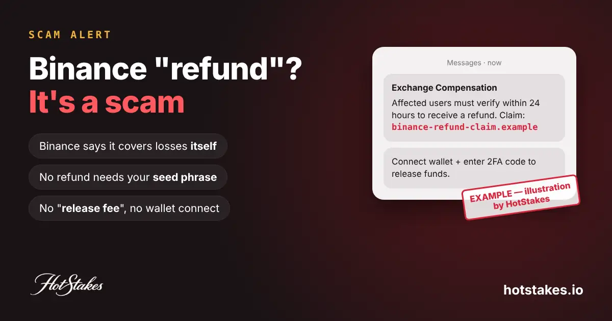 Scam alert graphic: 'Binance refund? It's a scam' with an EXAMPLE fake refund claim message