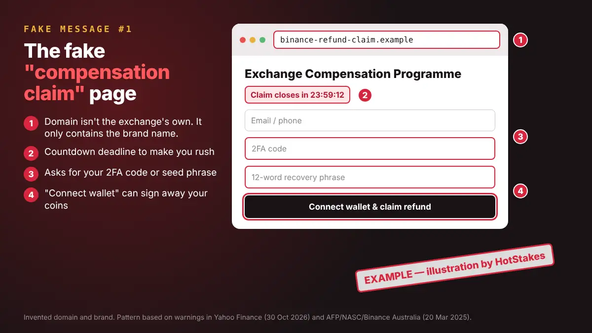 Annotated EXAMPLE of a fake exchange compensation claim page on an invented domain, with red flags marked