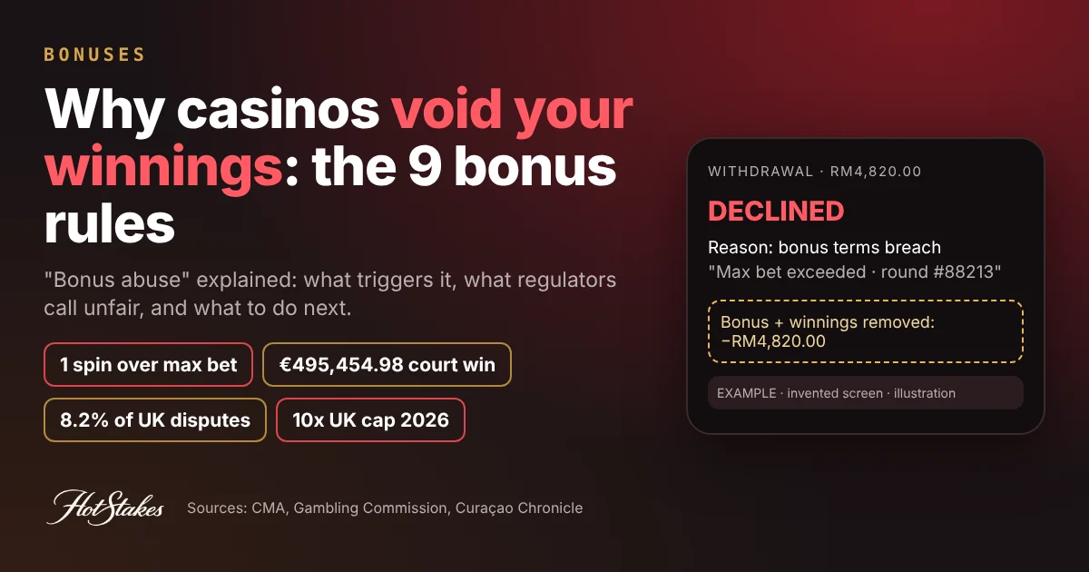 Why casinos void bonus winnings cover: a declined withdrawal for a max bet breach and chips for one spin over max bet, a 495,454.98 euro court win, 8.2% of UK disputes and the 10x UK cap