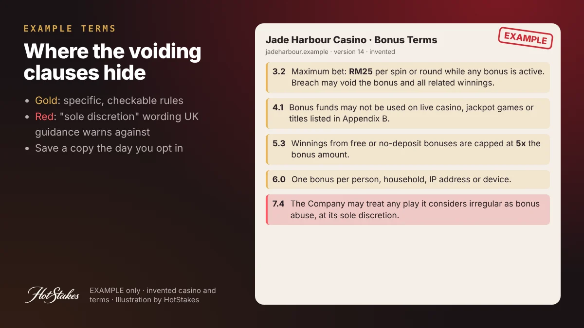 EXAMPLE bonus terms card from an invented casino with the max bet, excluded games, max cashout, one-per-household and irregular play clauses highlighted
