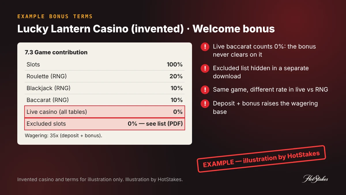 EXAMPLE bonus terms showing a game contribution table for baccarat, live games and slots with red flags