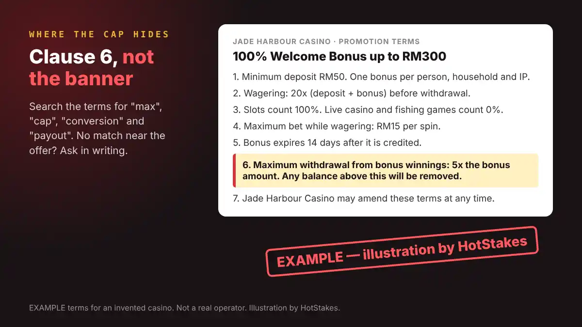 EXAMPLE bonus terms card for the invented Jade Harbour Casino with clause 6, the maximum withdrawal cap, highlighted