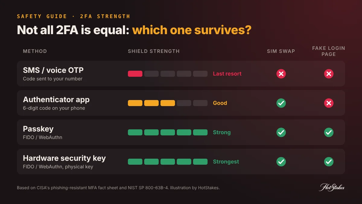 2FA gambling account comparison: shield strength meter rating SMS OTP weakest, authenticator app medium, passkey and hardware security key strongest against SIM swap and phishing