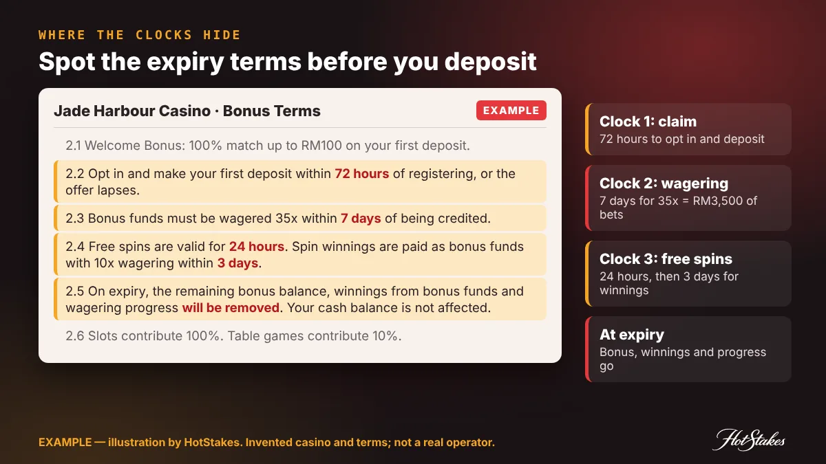 EXAMPLE bonus terms from invented Jade Harbour Casino with casino bonus expiry time limits highlighted: 72-hour claim, 7-day wagering, 24-hour free spins expiry