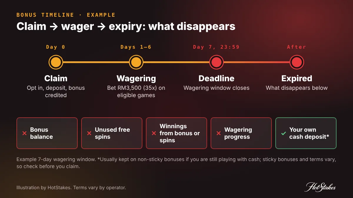 Timeline of casino bonus expiry from claim to wagering to deadline, showing bonus balance, free spins, winnings and wagering progress removed when the bonus expires