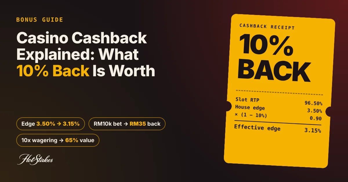 Casino cashback bonus cover: gold 10% BACK receipt showing a 96.5% RTP slot's house edge falling from 3.50% to 3.15%