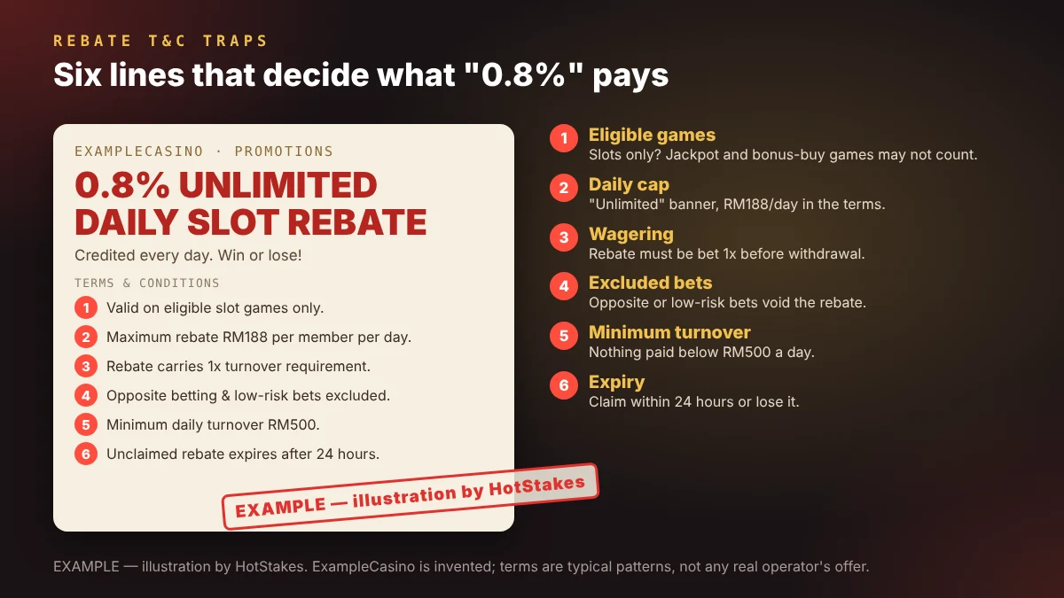 Annotated example casino rebate offer showing six T&C traps: eligible games, daily cap, wagering, excluded bets, minimum turnover, expiry