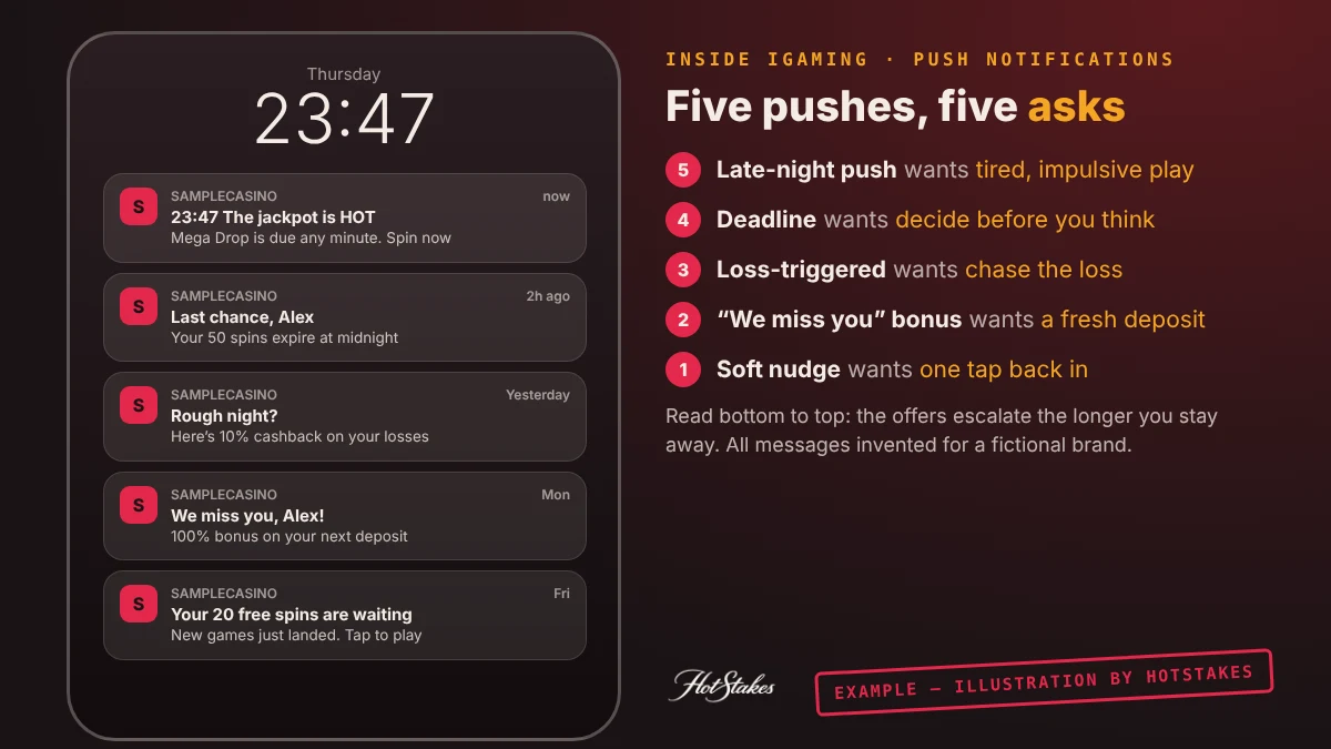 Gambling push notifications example: annotated phone lock screen with five casino win back offers from an invented brand, SampleCasino, showing free spins, we miss you bonus, cashback on losses, expiry deadline and late-night jackpot push