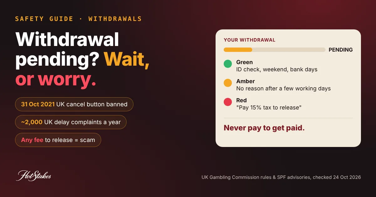 Casino withdrawal pending cover: a withdrawal status bar stuck on pending next to a traffic light of normal checks, signs to chase, and a fee demand that means scam, with key facts from UK Gambling Commission rules