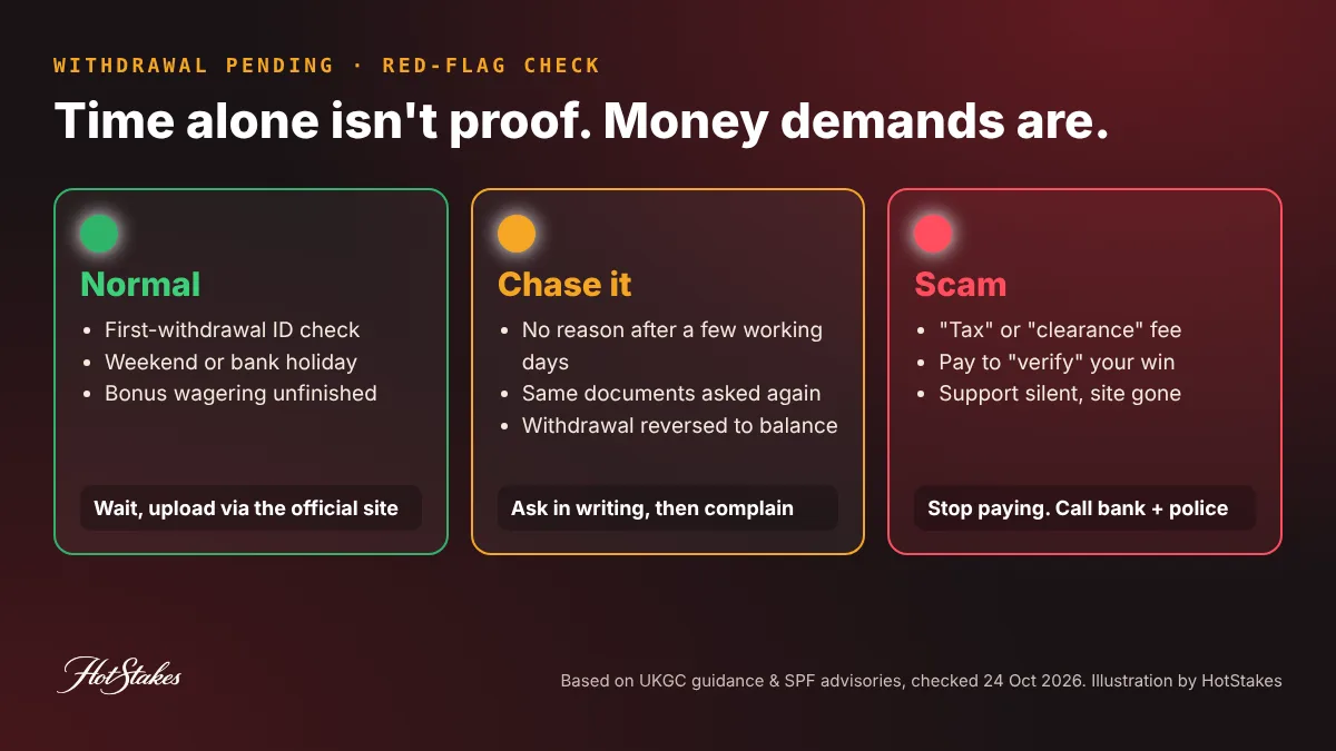 Withdrawal pending red flags traffic light: green normal checks, amber signs to chase the casino in writing, red fee demands and silence that point to a scam