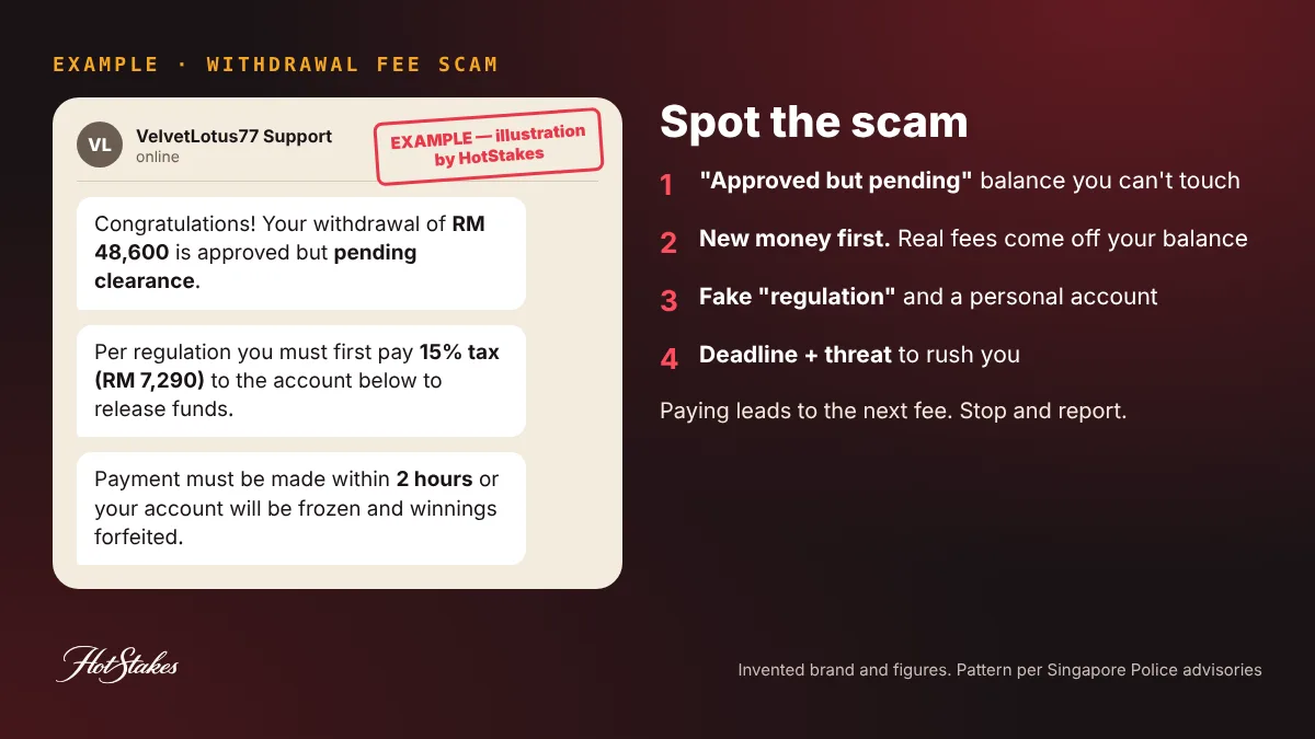 Example withdrawal fee scam message from an invented casino asking the player to pay a 15 percent tax to release a pending withdrawal, with the warning signs annotated