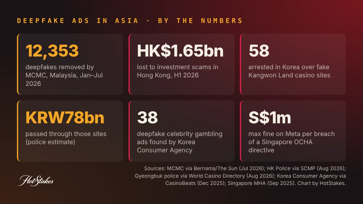Deepfake celebrity ad scam cases in Asia 2024 to 2026: Malaysia 12,353 deepfakes removed, Hong Kong HK$1.65 billion investment scam losses, South Korea 58 arrests over fake Kangwon Land casino sites, Singapore S$1 million fine power over Meta