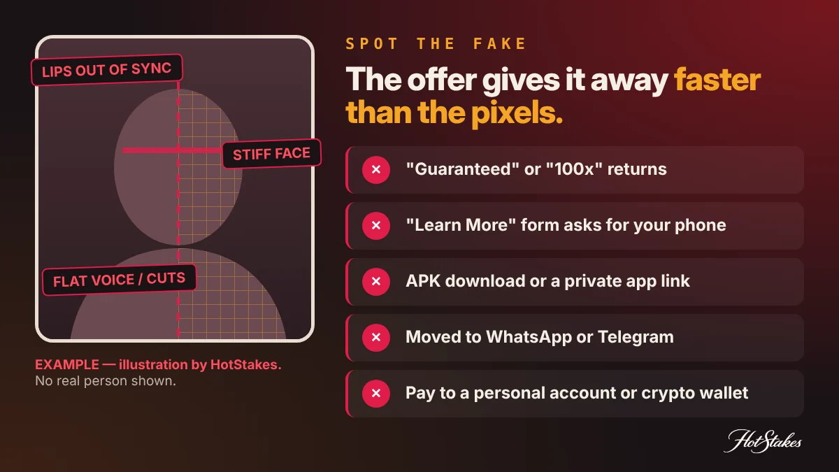 How to spot a deepfake celebrity ad: illustrated tells in the video such as lip-sync and stiff face, and in the offer such as guaranteed returns, Learn More form, APK download and private chat