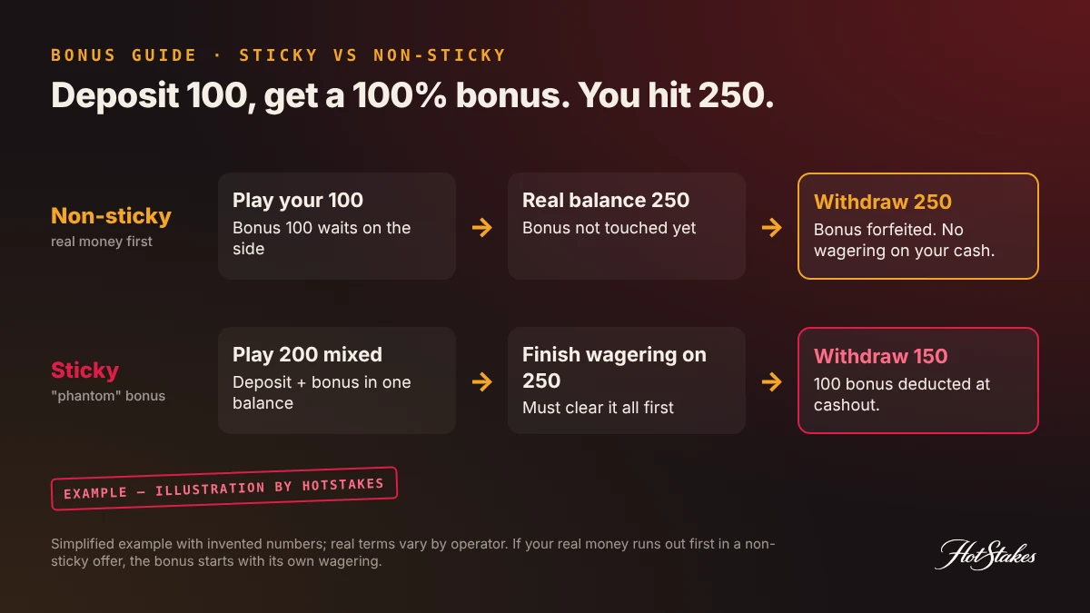 Sticky vs non-sticky bonus flow: with a non-sticky deposit match bonus your real money is played first and can be withdrawn; with a sticky bonus the 100 bonus is deducted at cashout