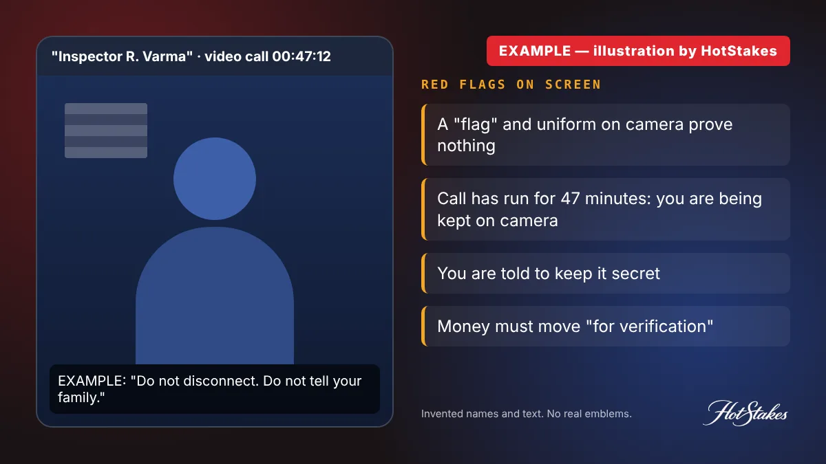 EXAMPLE mock fake police video call scam screen with invented names and red flags marked