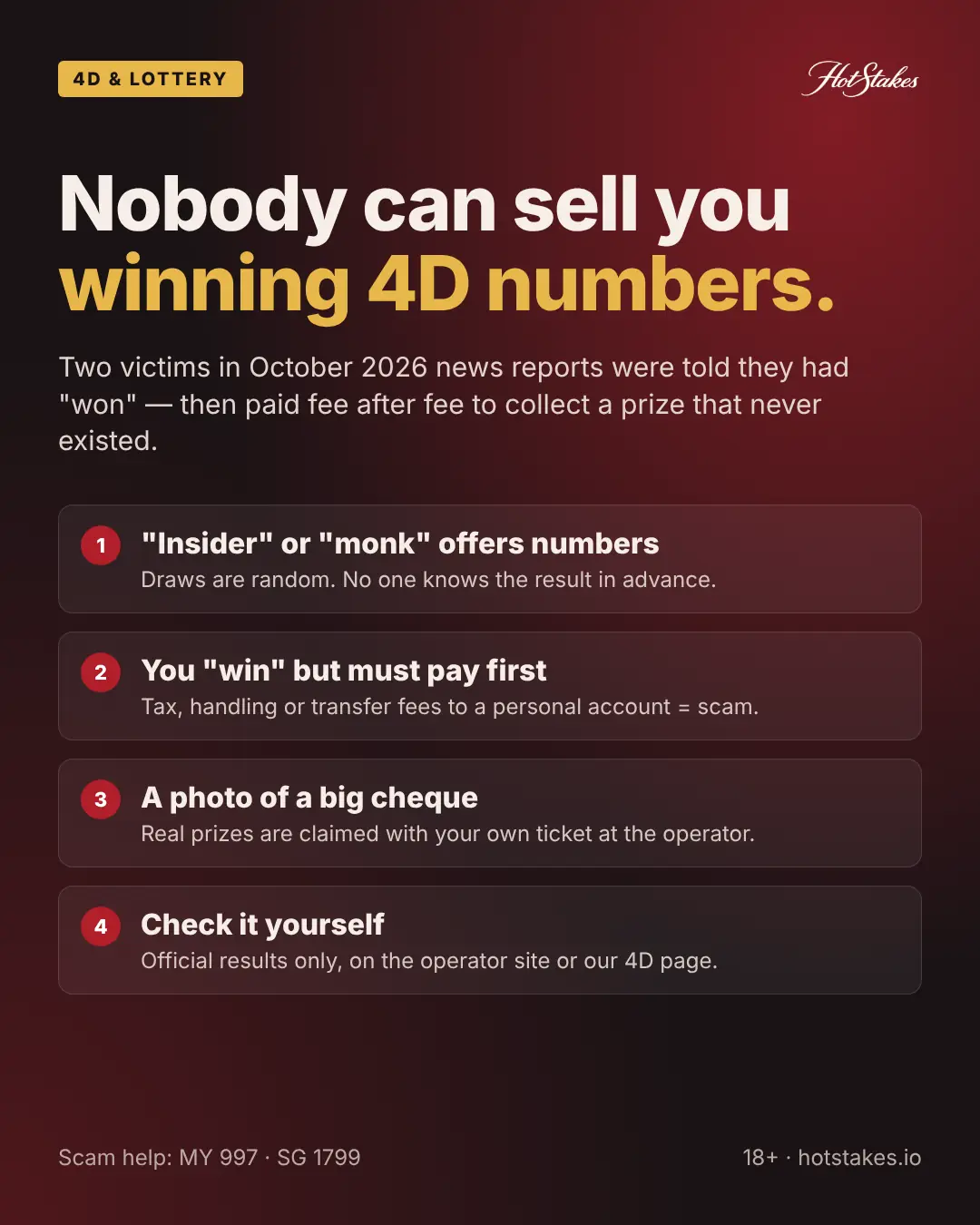 Poster: nobody can sell you winning 4D numbers, four red flags
