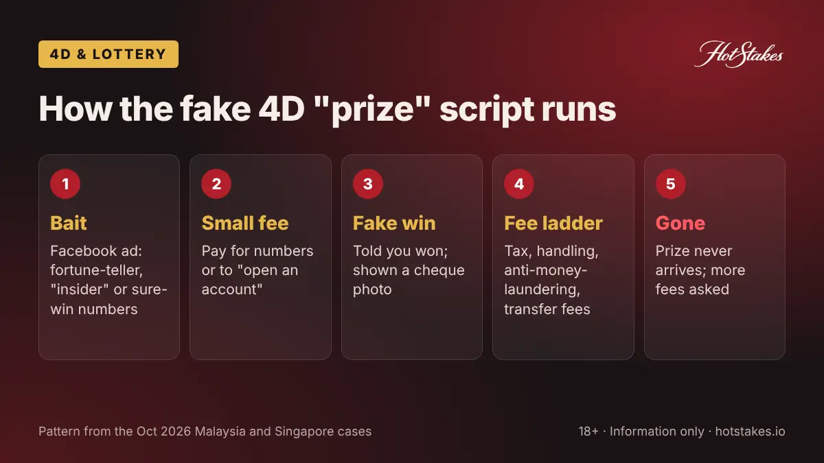 Five steps of the fake 4D prize scam script