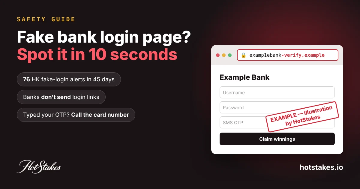 Fake bank login page spot it in 10 seconds: mock Example Bank login on a lookalike .example domain stamped EXAMPLE illustration by HotStakes