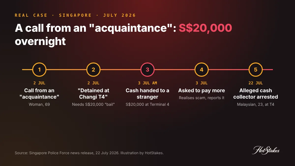 Fake friend call scam case timeline, Singapore July 2026: call from a fake acquaintance, S$20,000 bail story, cash handed over at Changi Terminal 4, second payment request, police report, cash collector arrested at the airport