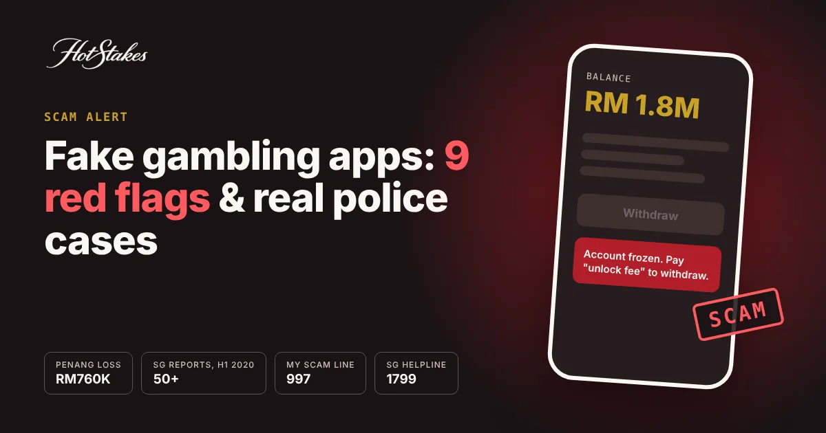 Fake gambling app scam cover: phone showing a frozen account demanding an unlock fee to withdraw