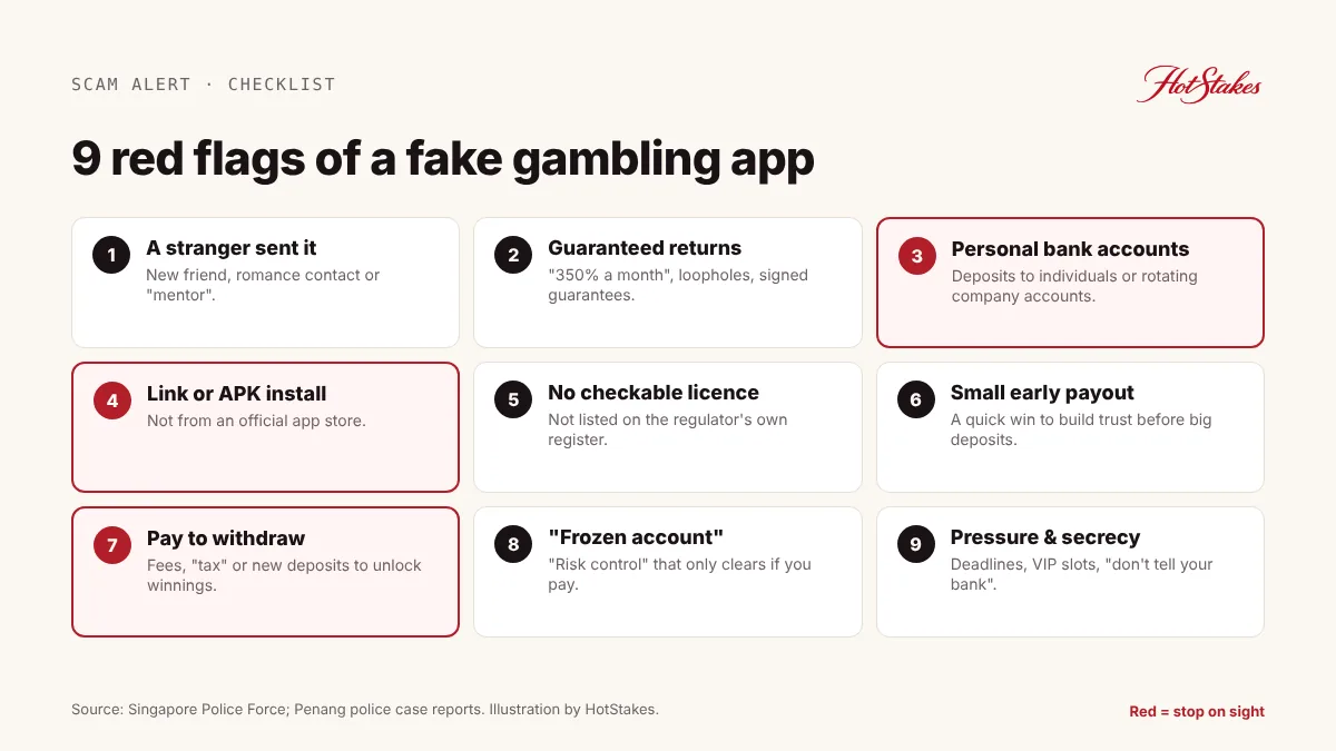 Checklist of 9 red flags of a fake gambling app
