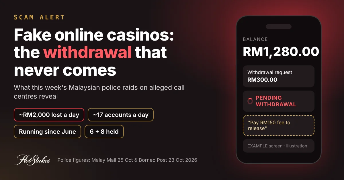 Fake online casino scam cover: phone showing a withdrawal stuck on pending, with chips for RM2,000 a day, 17 accounts a day and 14 arrests in Malaysian raids