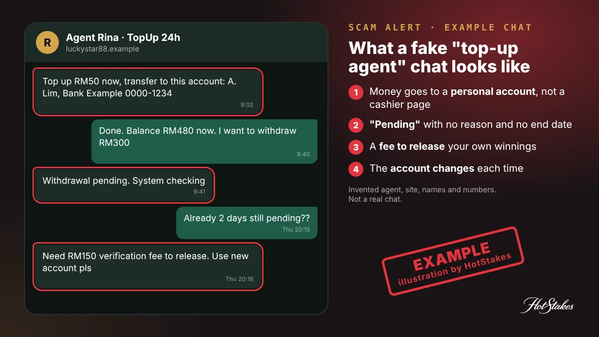 EXAMPLE WhatsApp-style chat with an invented top-up agent asking for transfers to a personal account and a fee to release a pending withdrawal, stamped illustration by HotStakes