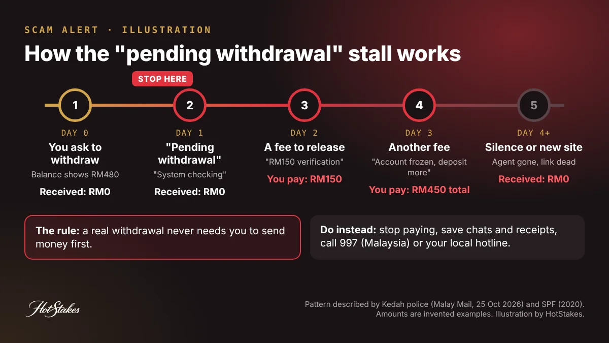 Timeline of the pending withdrawal stall in a fake online casino scam: request, pending, fee demand, more fees, then silence or a new site
