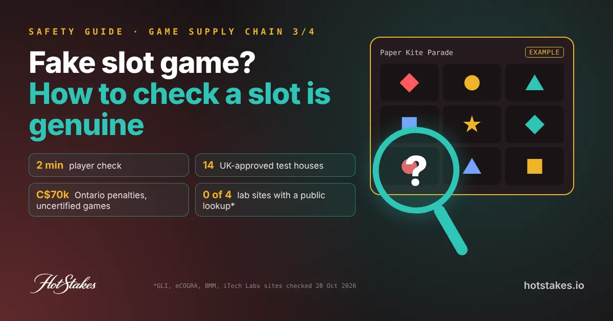 Fake slot game: magnifying glass over an example slot reel, how to check a slot is genuine