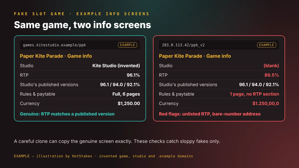 EXAMPLE: genuine vs cloned slot info screen for an invented game, showing RTP, studio name and loading address differences