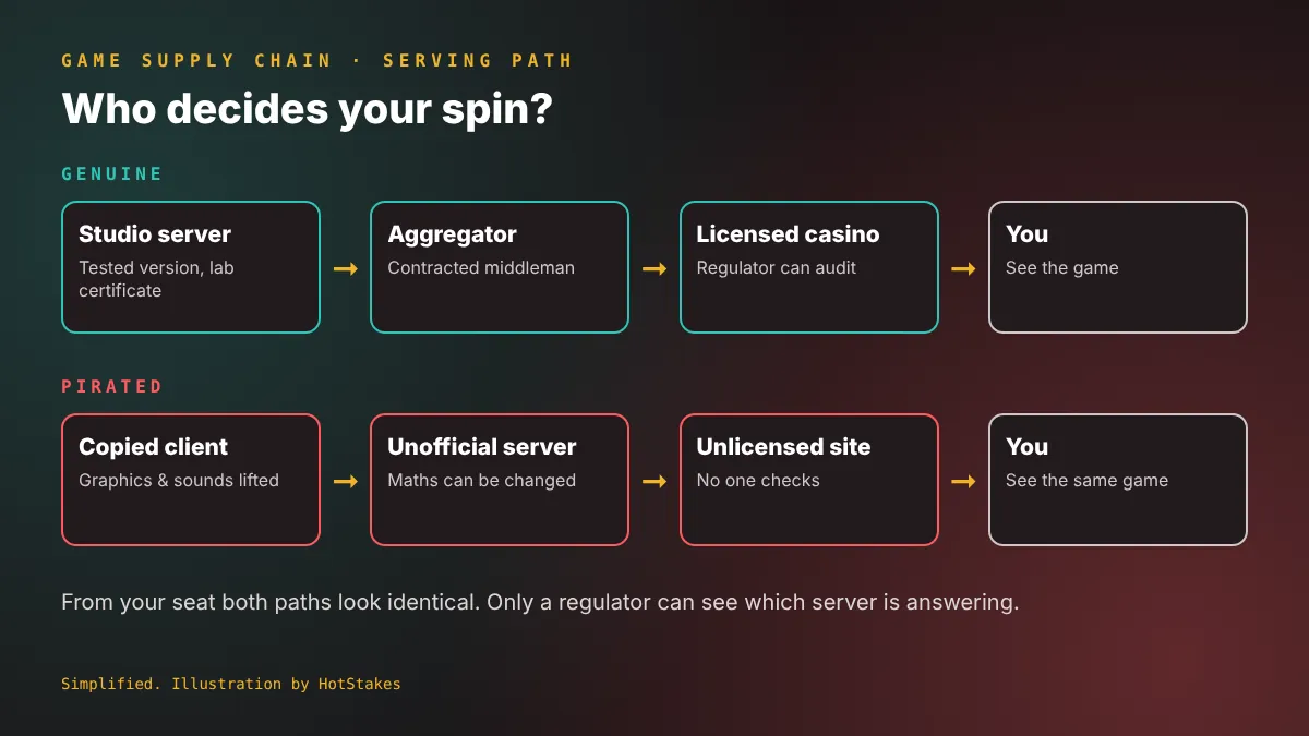 Diagram: genuine slot path from studio server via aggregator to licensed casino vs pirated copy served from an unofficial server