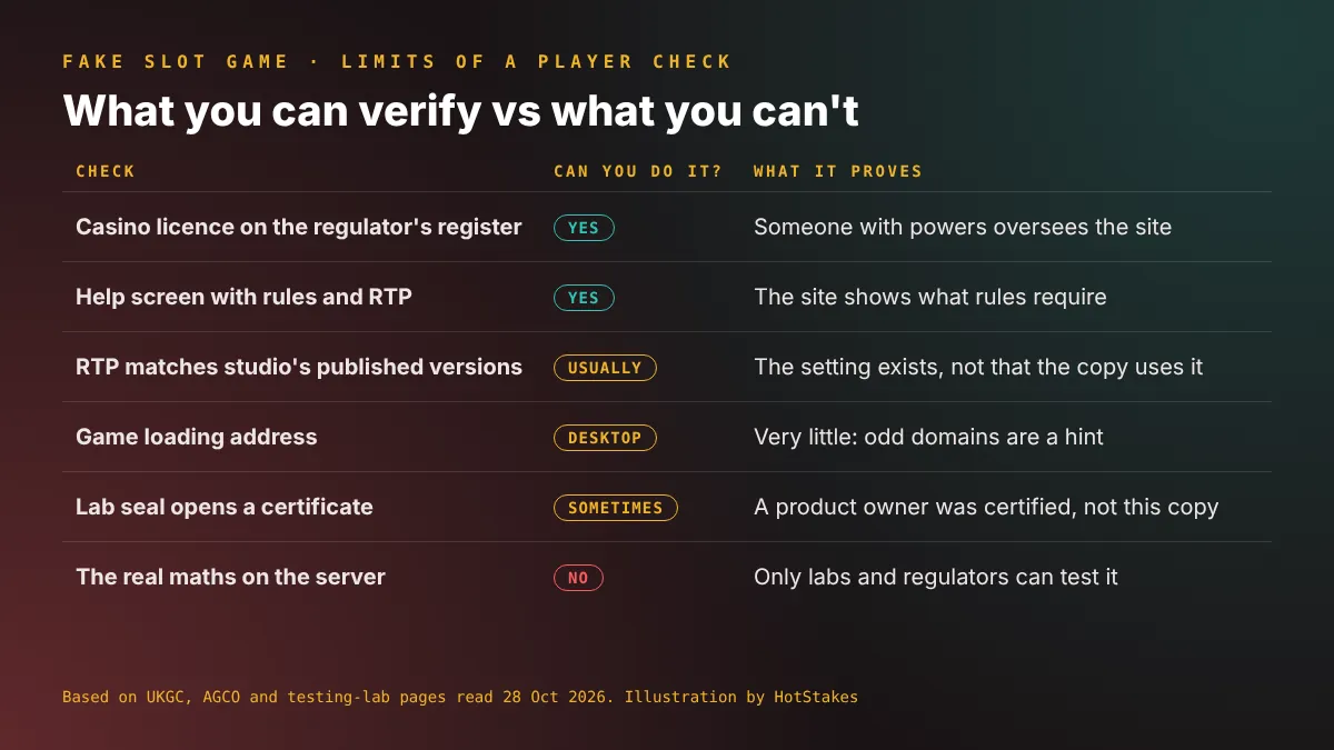 Table of fake slot game checks: what a player can verify vs what only a regulator or lab can check