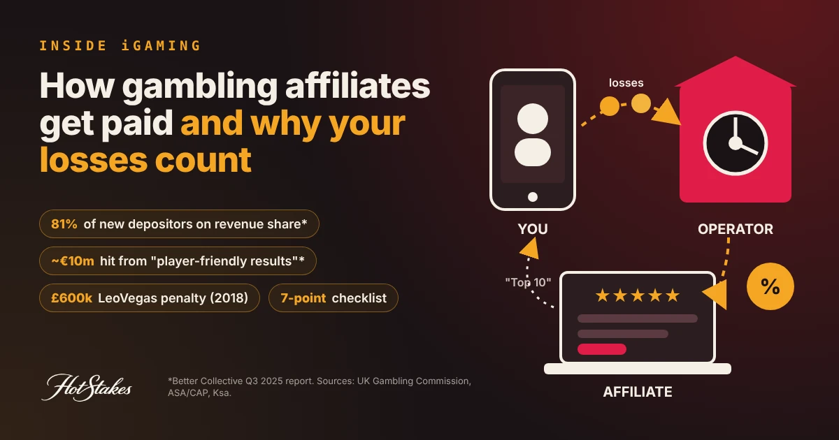 How do gambling affiliates make money: illustration of a player's losses flowing to an operator, which pays a percentage to an affiliate review site