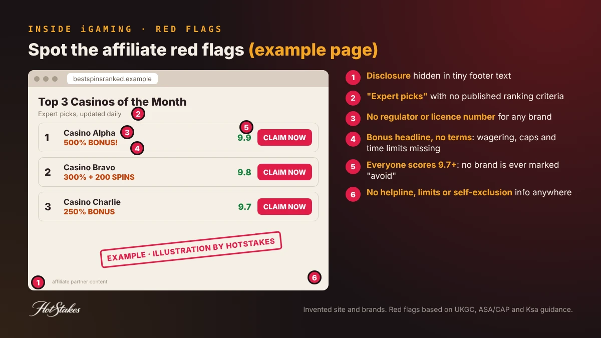 Gambling affiliate commission red flags: annotated EXAMPLE casino review page showing hidden disclosure, missing licence, no terms and no harm information