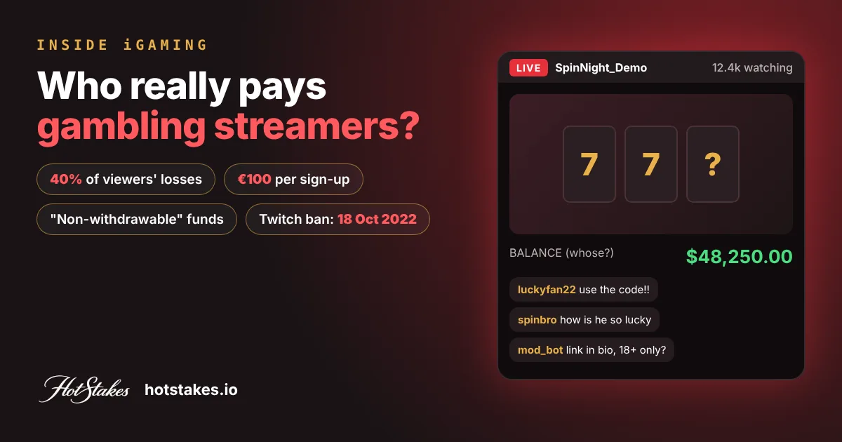 Stylised gambling stream screen with a LIVE badge, slot reels, chat bubbles and a balance counter next to the headline Who really pays gambling streamers?