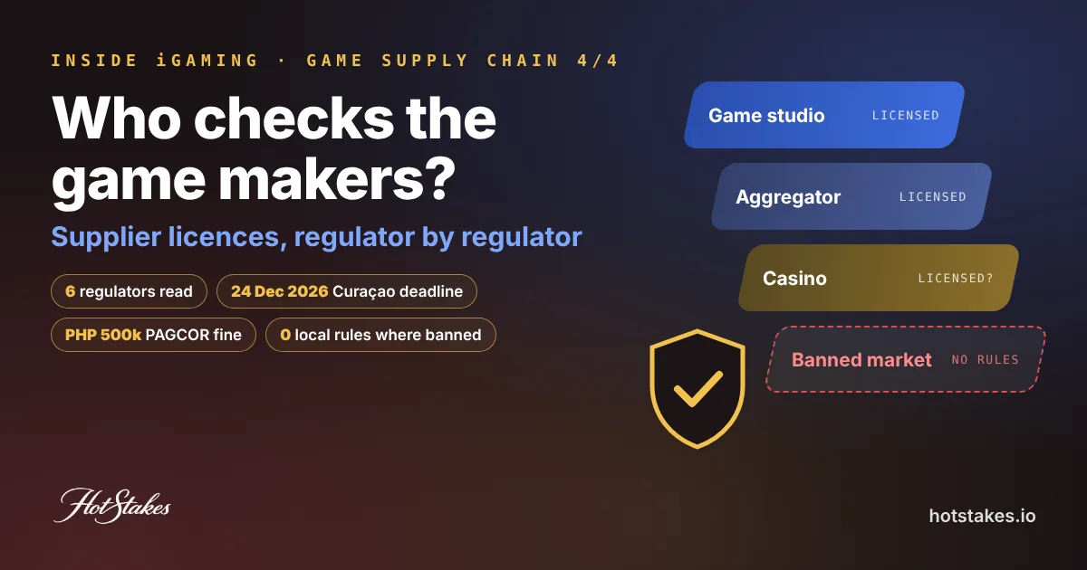 Gaming supplier licence: who checks the game makers, stacked supply chain from game studio to banned market with a shield