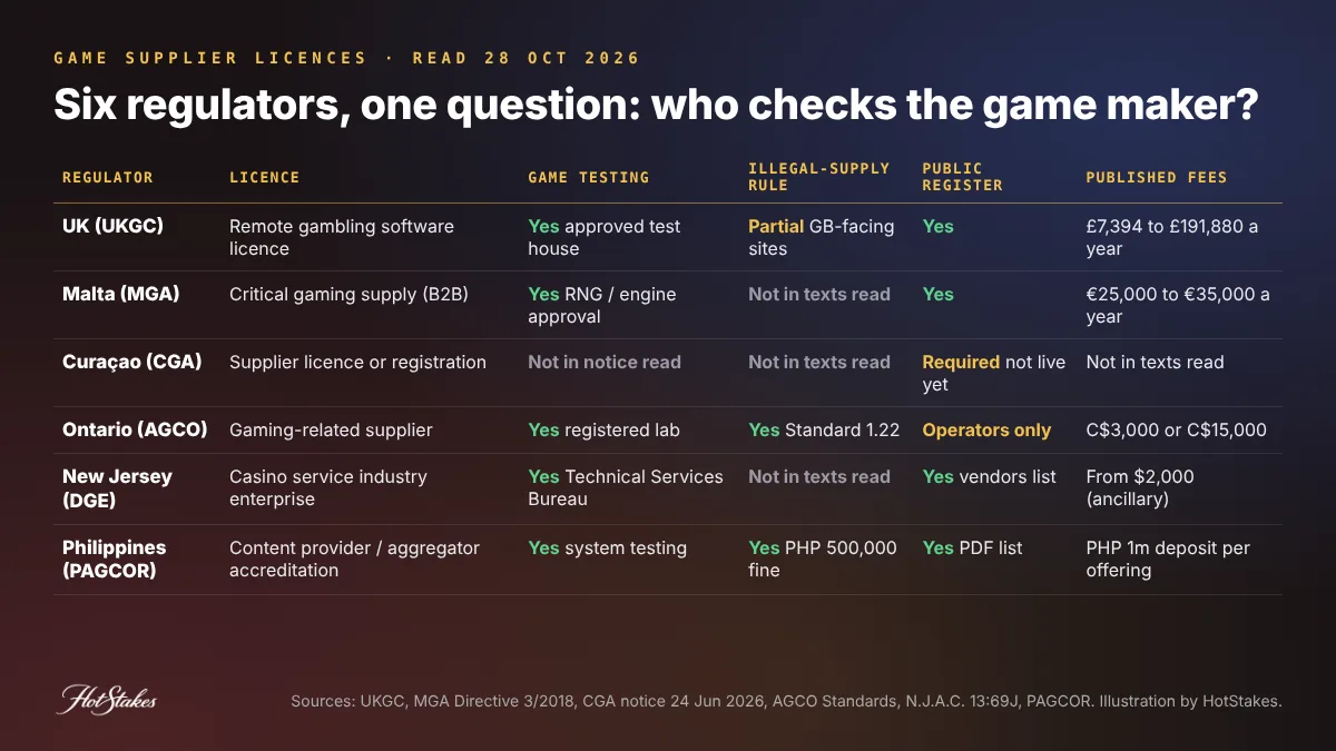 Gaming supplier licence comparison grid: UKGC, MGA, Curaçao CGA, Ontario AGCO, New Jersey DGE and PAGCOR on testing, illegal-market rule and public register