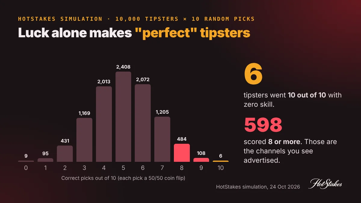Simulation of 10,000 random betting tipsters posting 10 coin-flip picks: 598 score 8 or more and 6 get a perfect 10 out of 10 record by pure luck