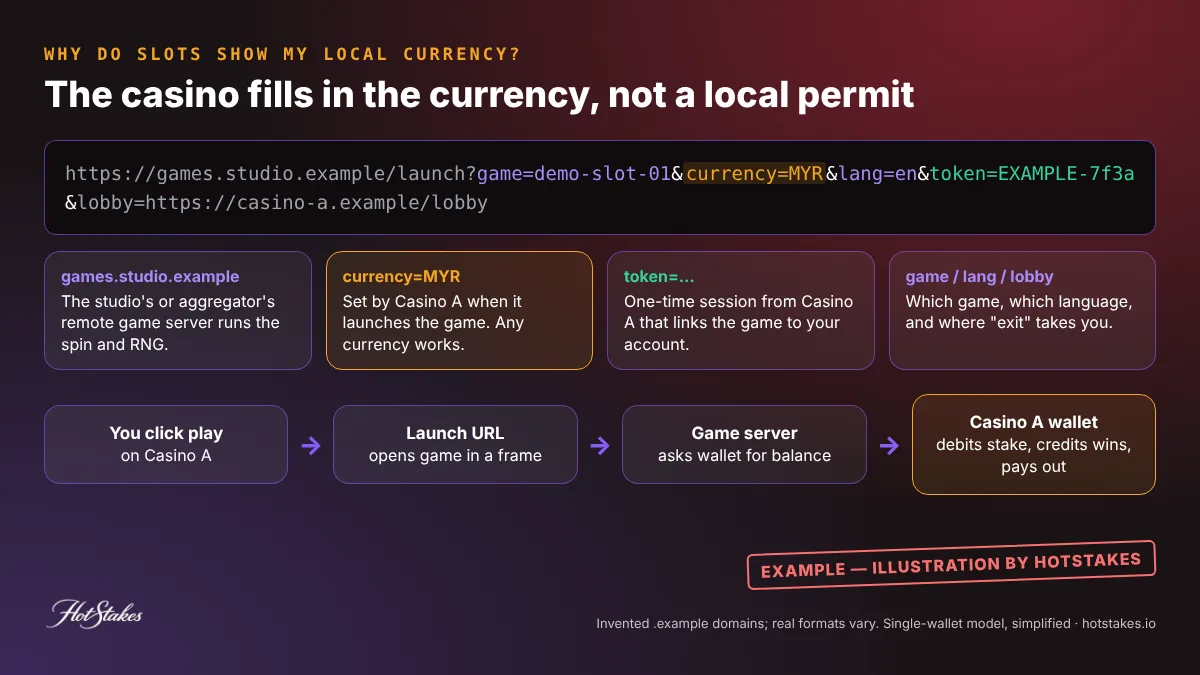 Why do slots show my local currency: annotated EXAMPLE game launch URL showing the casino sets currency MYR, language and session token, while the studio server runs the spin and the casino wallet holds the balance