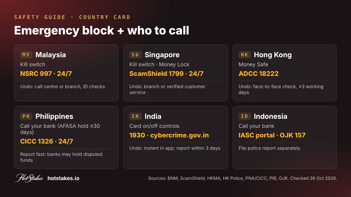 Country comparison card on how to block online banking in Malaysia, Singapore, Hong Kong, Philippines, India and Indonesia