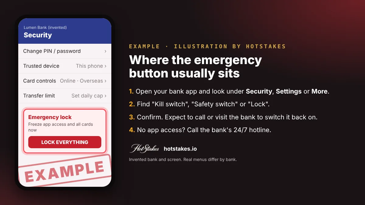EXAMPLE banking app security settings screen showing where an emergency lock button sits to block online banking