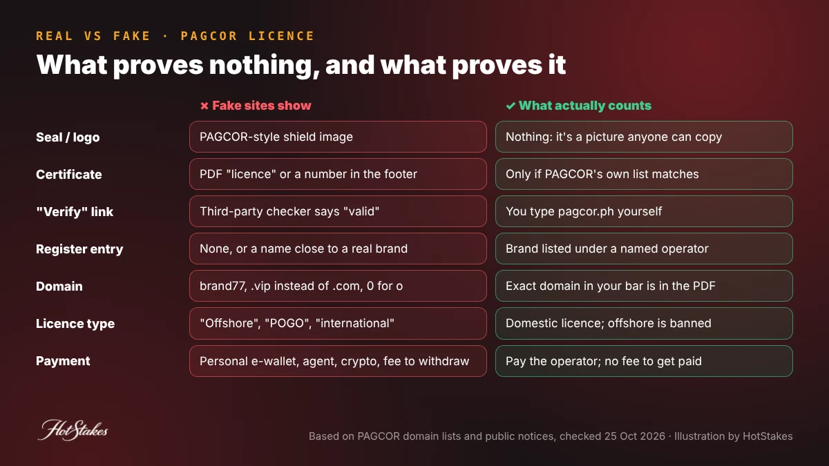 PAGCOR licensed online casino check graphic: real vs fake comparison of seal, verify link, register entry, domain match, licence type and payment channel