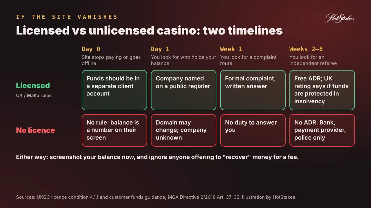 Timeline of what happens to player money if a licensed vs unlicensed casino disappears