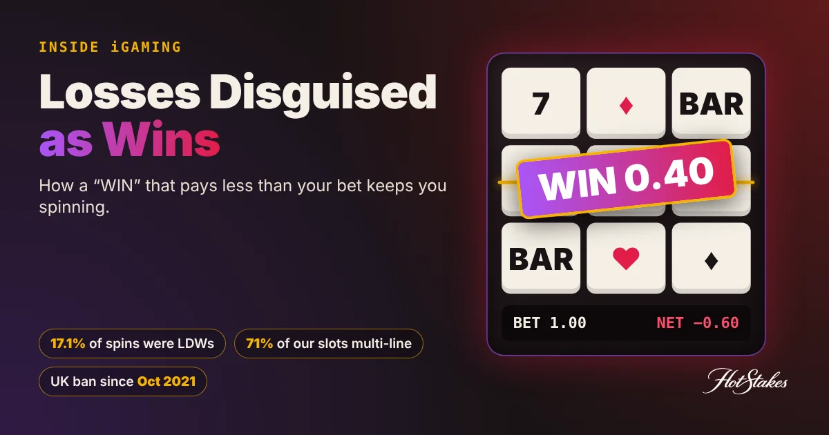 Losses disguised as wins: stylised slot grid showing a WIN 0.40 banner on a 1.00 bet, net minus 0.60