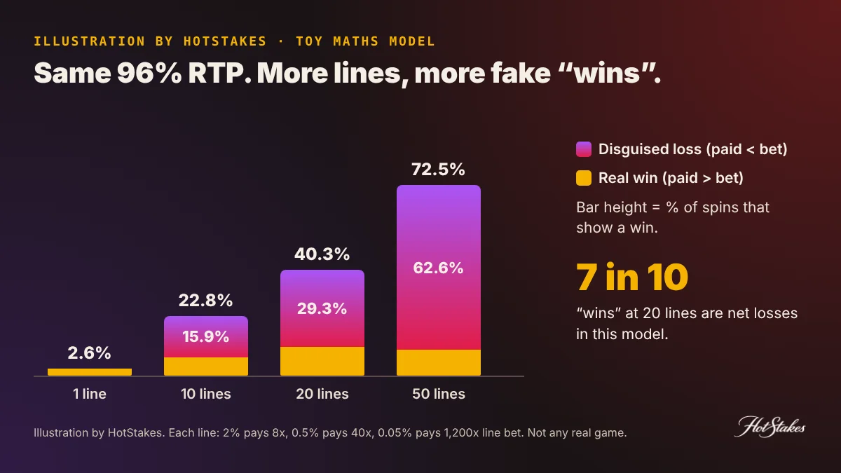 Chart of losses disguised as wins rising with paylines in a HotStakes toy model: 0% at 1 line, 29.3% of spins at 20 lines, 62.6% at 50 lines, same 96% RTP