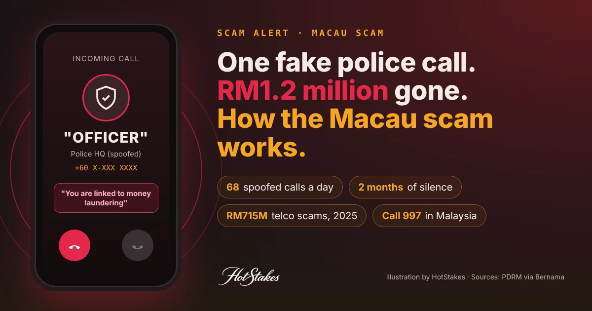 Macau scam cover: phone showing an incoming call from a spoofed police officer saying you are linked to money laundering, with key numbers 68 spoofed calls a day, 2 months of silence, RM715 million telco scam losses and call 997