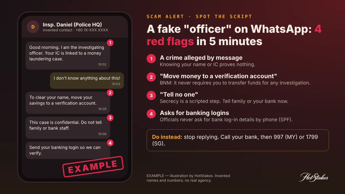 EXAMPLE Macau scam WhatsApp chat from a fake police officer with four red flags marked: money laundering accusation, transfer to a verification account, an order to keep the case secret, and a request for banking logins