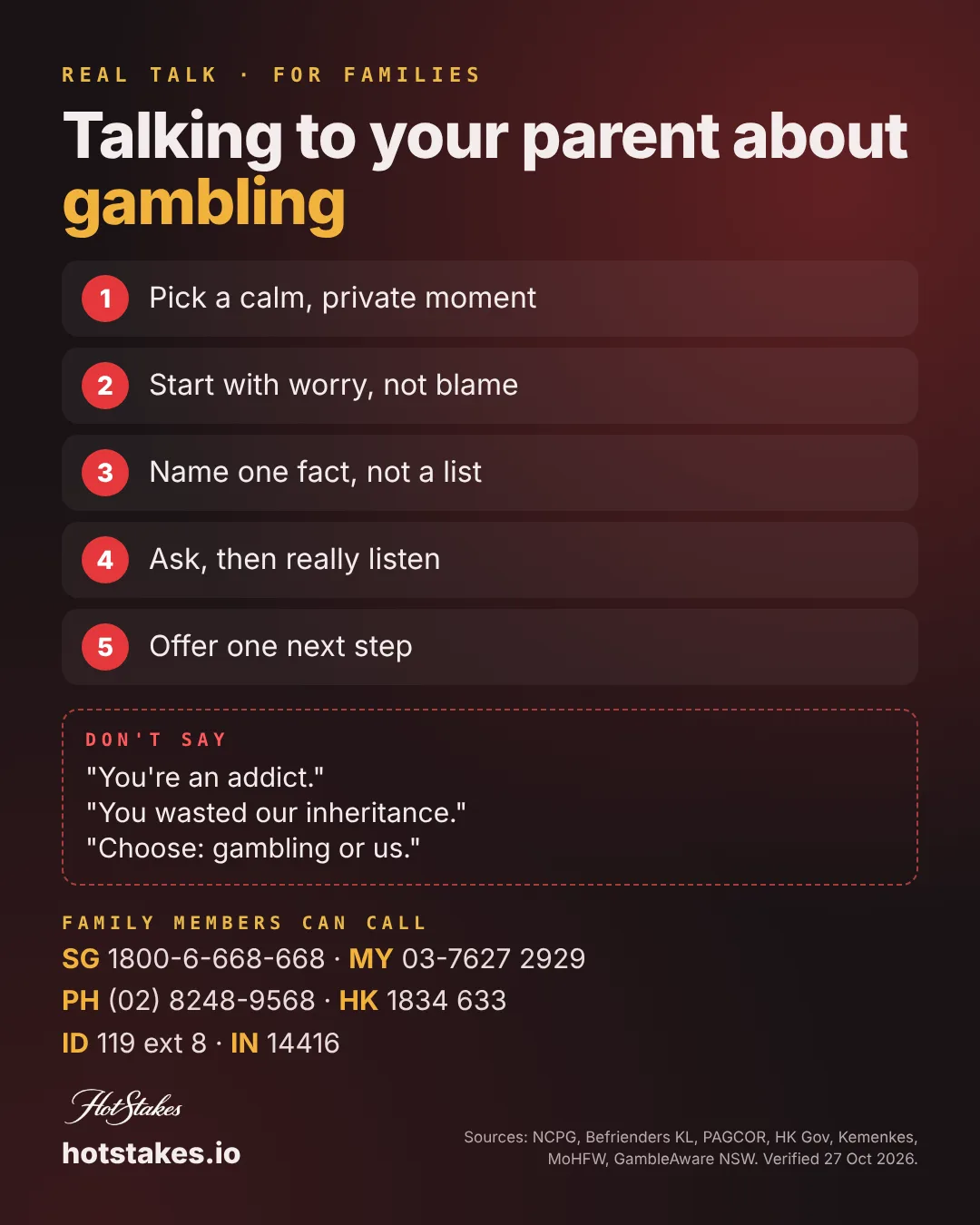 My dad gambles: 5 steps to talk to a parent about gambling and what not to say, with helplines by country